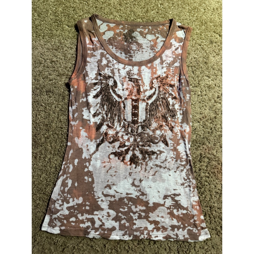 Vintage Style Eagle Crest Graphic Tank Top Brown Acid Wash Y2K Grunge Size L - Picture 2 of 5